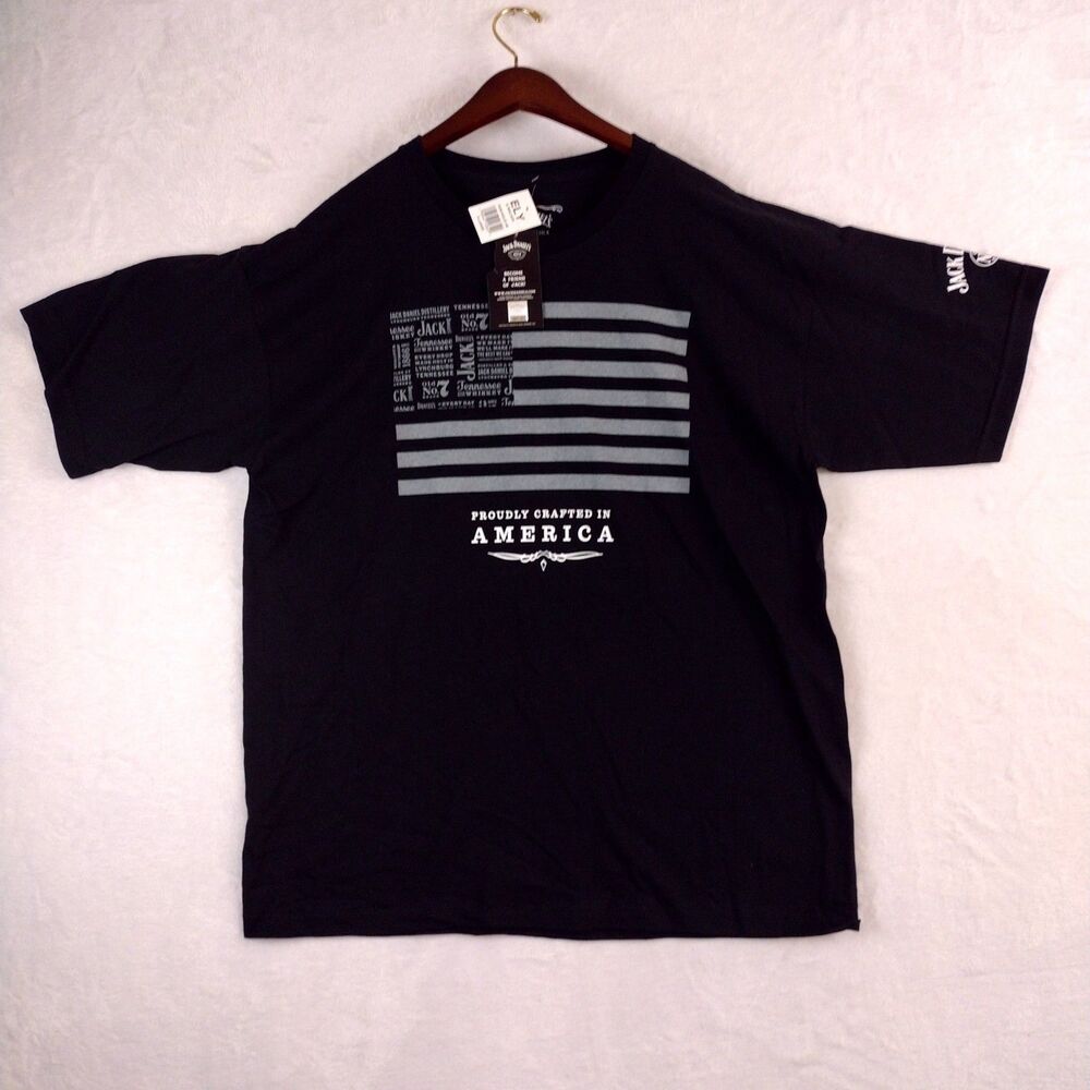 Vintage Jack Daniels Whiskey American Flag Shirt Proudly Crafted Black Tee XL‎
